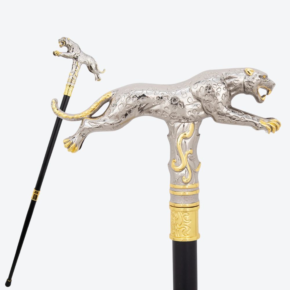 Bengala Metálica Leopardo em Salto Prata/Dourado - Bastoni