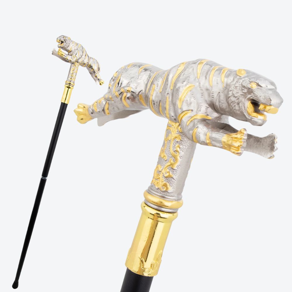 Bengala de Madeira Tigre Escultural Prata Clara/Dourado - Bastoni