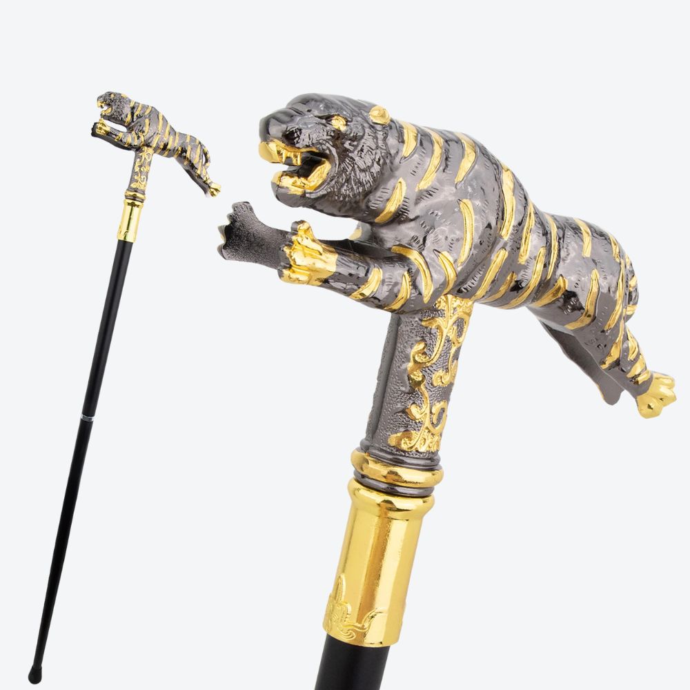 Bengala de Madeira Tigre Escultural Prata Escura/Dourado - Bastoni