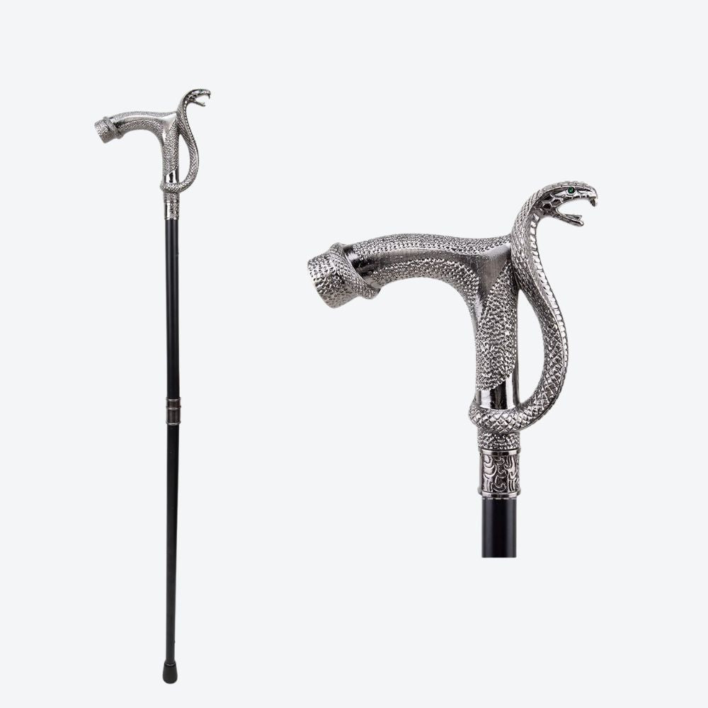 Bengala Elegante Vintage Cobra Metálica Prata - Bastoni