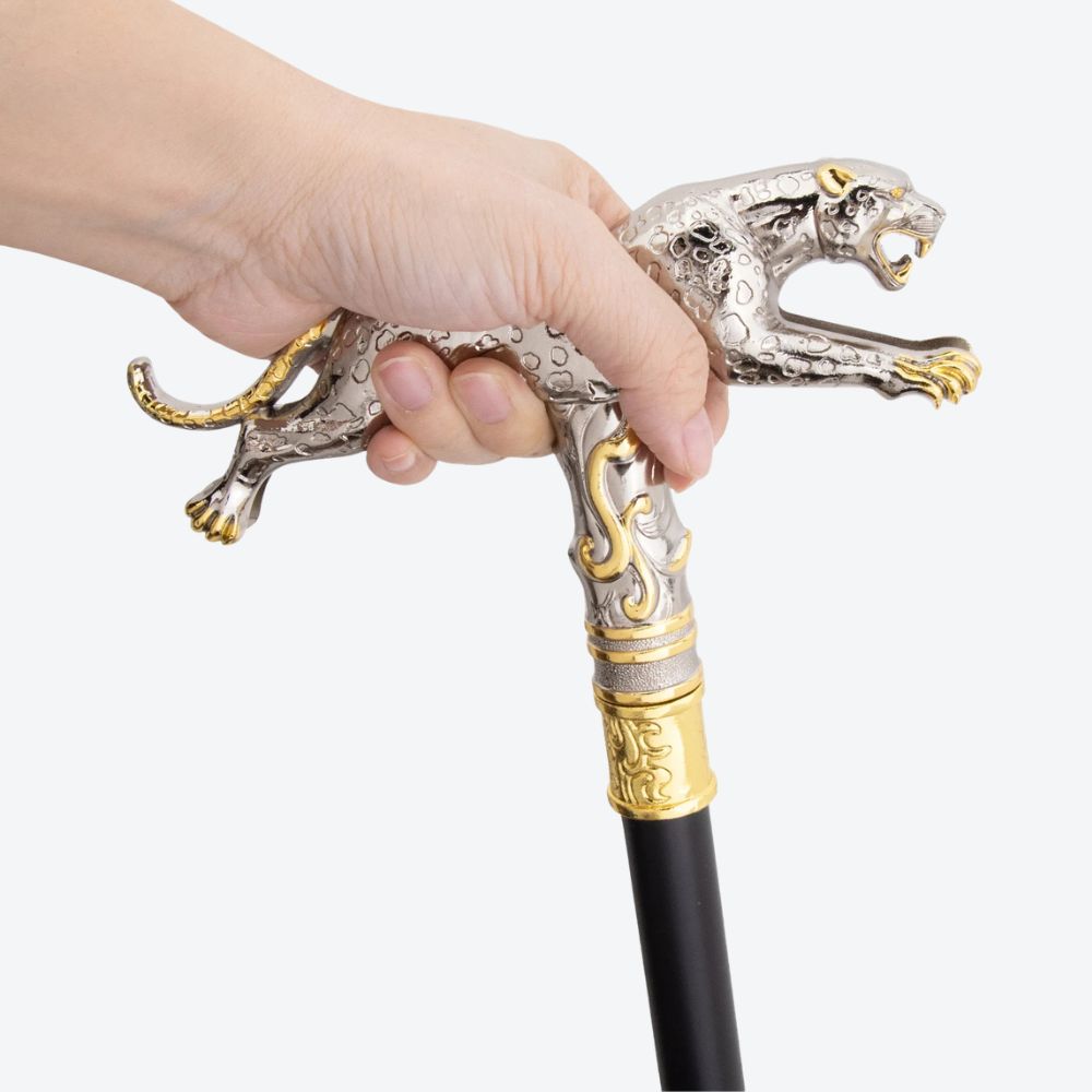 Bengala Metálica Leopardo em Salto Prata/Dourado - Bastoni
