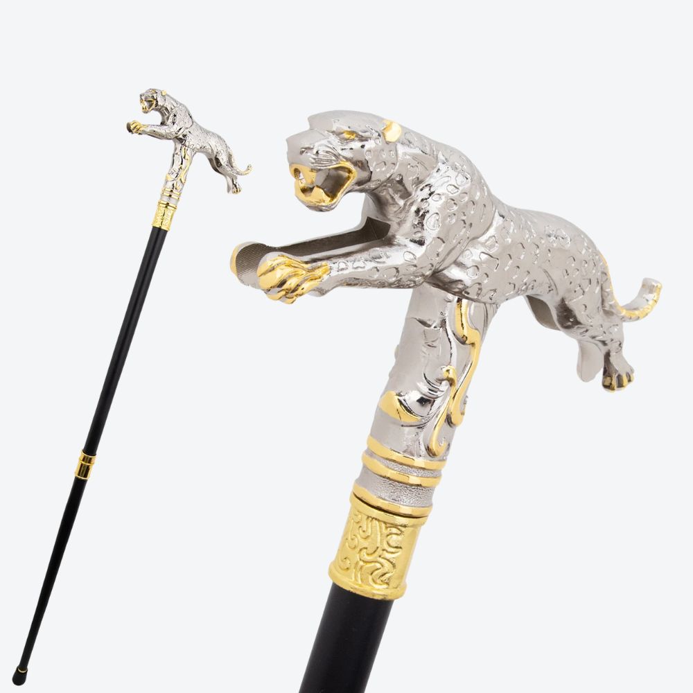 Bengala Metálica Leopardo em Salto Prata/Dourado - Bastoni