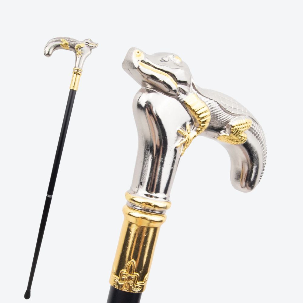 Bengala Metálica Rústica Crocodilo Prata e Dourado - Bastoni