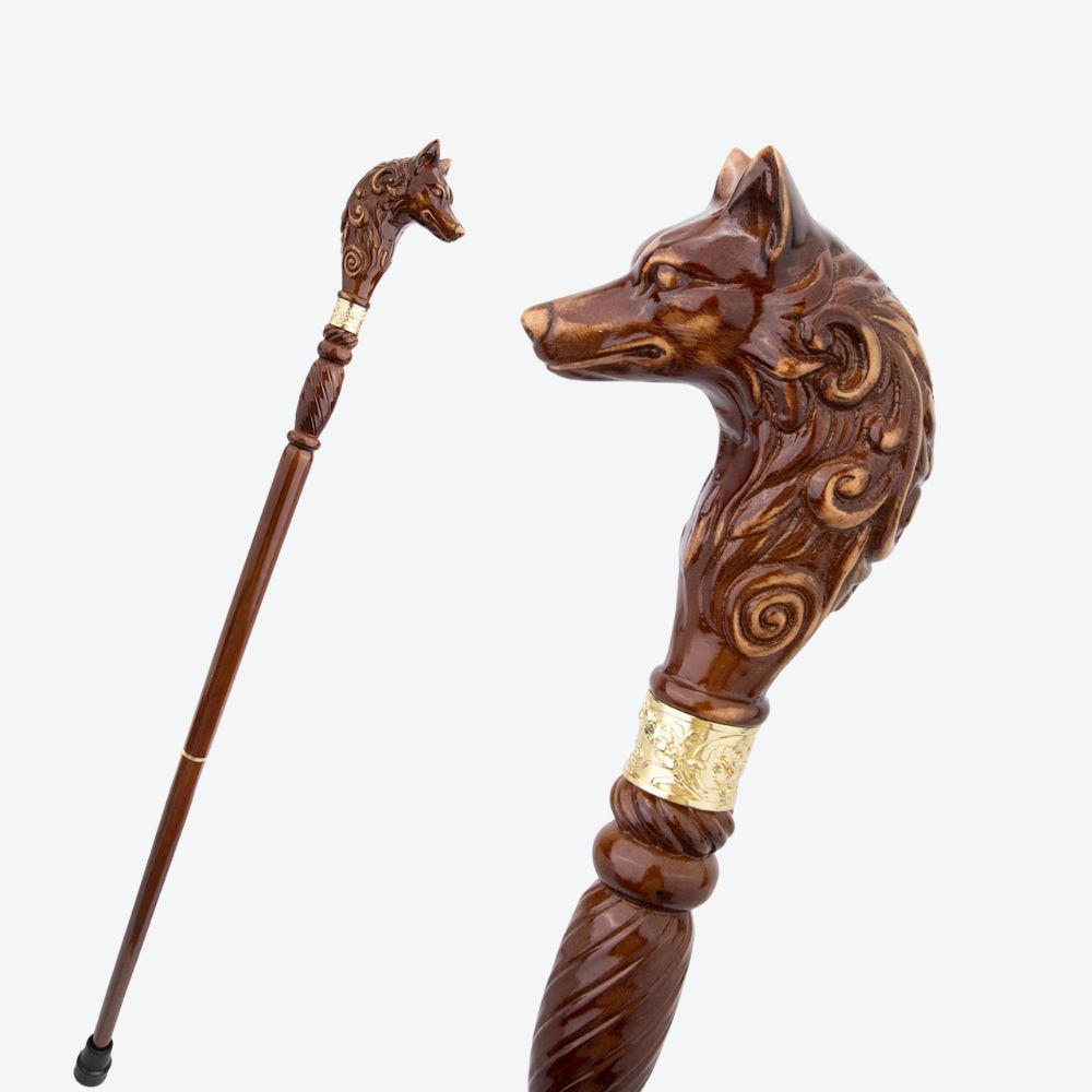 Bengala de Madeira Lobo Esculpido Clássico - Bastoni