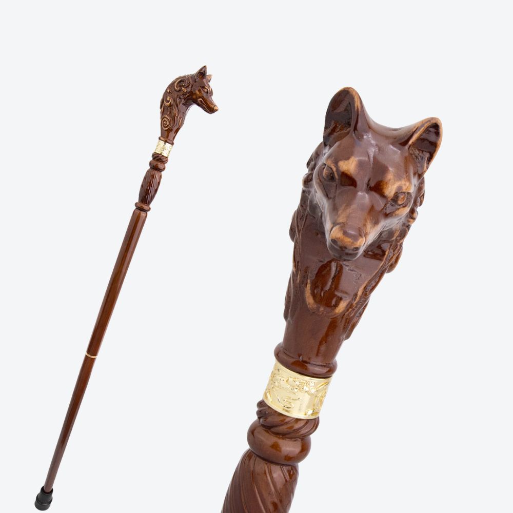 Bengala de Madeira Lobo Esculpido Clássico - Bastoni