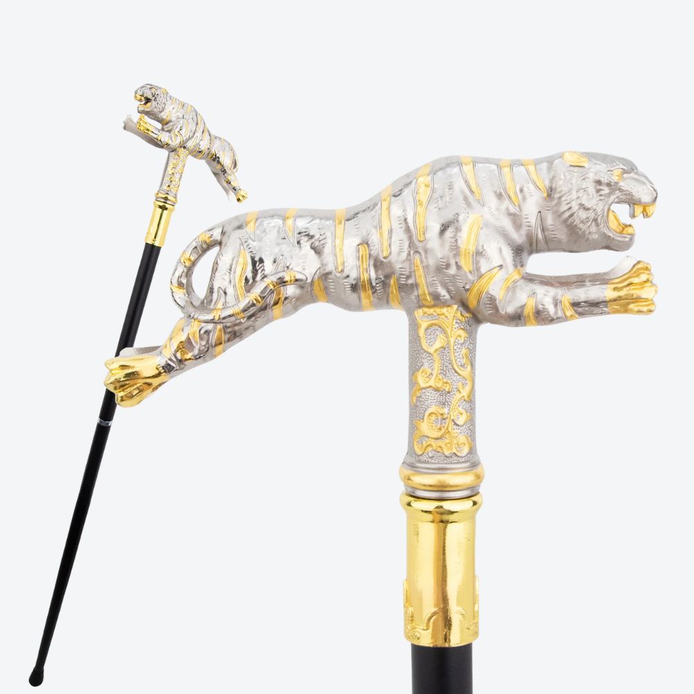 Bengala de Madeira Tigre Escultural Prata Clara/Dourado - Bastoni