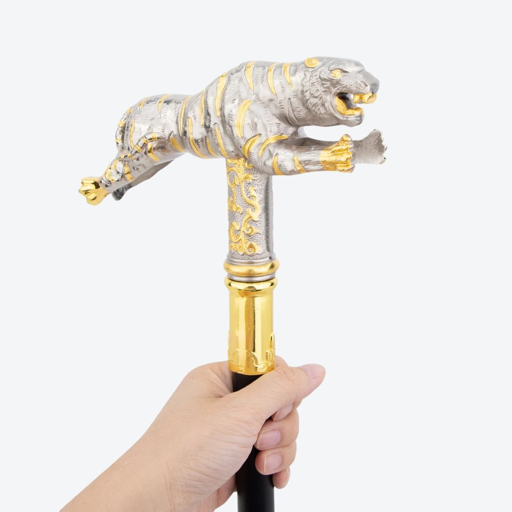 Bengala de Madeira Tigre Escultural Prata Clara/Dourado - Bastoni