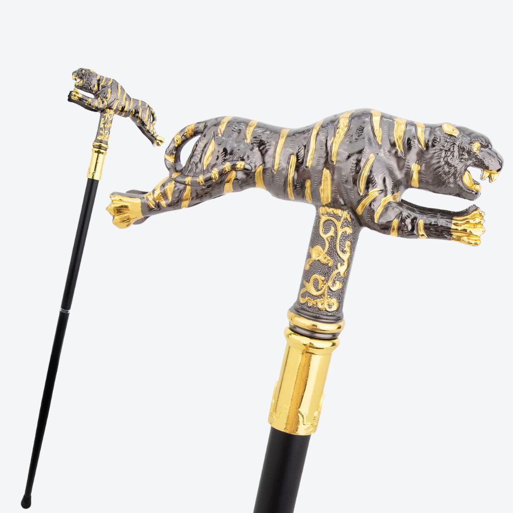Bengala de Madeira Tigre Escultural Prata Escura/Dourado - Bastoni