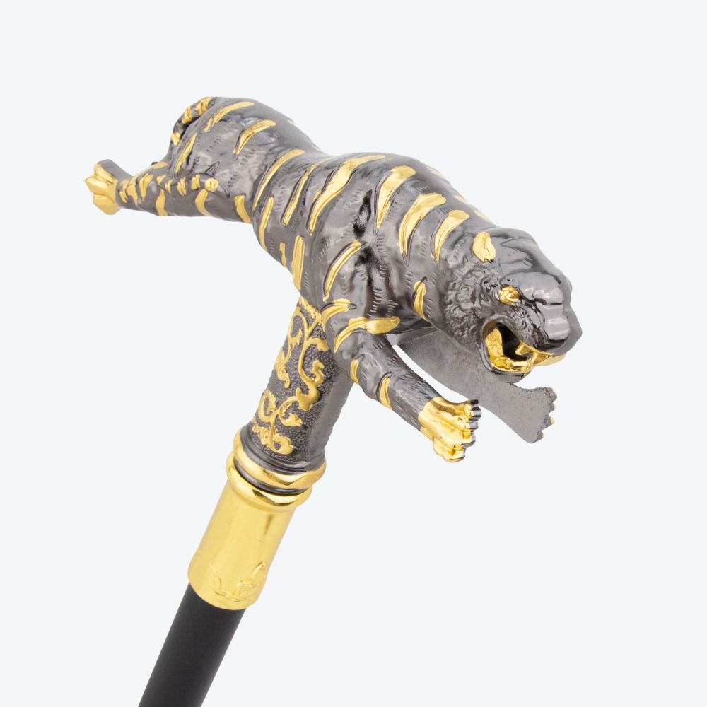 Bengala de Madeira Tigre Escultural Prata Escura/Dourado - Bastoni